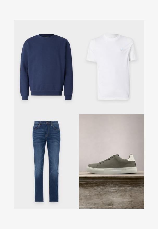 Marineblå sweatshirt lavet af blødt stof, med rund halsudskæring og ribbede manchetter. Indeholder et diskret logo på brystet.; Hvid bomulds t-shirt med rund halsudskæring og korte ærmer, med et lyseblåt logo på venstre bryst. Glat tekstur, enkelt design.; Mørkeblå denimjeans med en klassisk lige pasform, fem-lomme design og let falmede detaljer på benene. Har knap- og lynlåslukning.; Grå sneaker med en glat overdel, hvide accenter og gummisål. Har et klassisk snørelukningsdesign og en struktureret tåhætte.