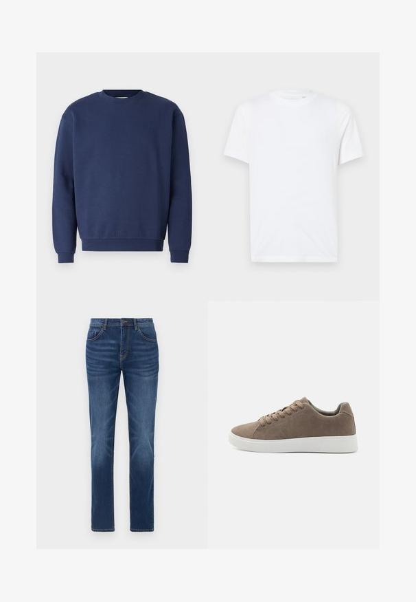 Navyblauwe sweatshirt van zacht materiaal, met een ronde halslijn en geribbelde manchetten. Bevat een subtiele logo op de borst.; Witte katoenen t-shirt met een ronde hals en korte mouwen. Bevat een klein, reliëf logo op de linkerkant van de borst. Gladde textuur.; Donkerblauwe denim jeans met een klassieke rechte pasvorm, vijfzakkenontwerp en lichte vervaging details op de benen. Voorzien van een knoop- en ritssluiting.; Bruine suède sneakers met platte witte rubberen zolen, vetersluiting, ronde neus en een gladde textuur. Minimalistische stijl met subtiele stikdetails.