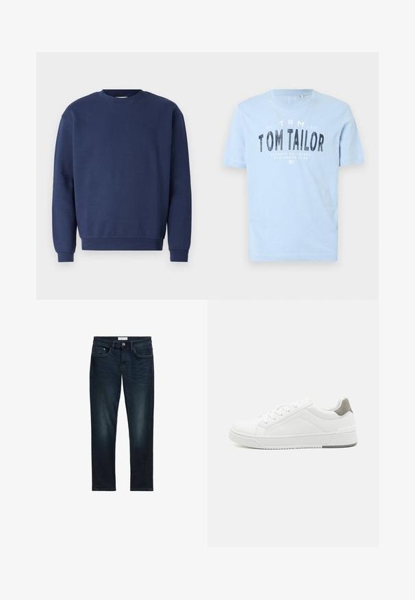 Marineblå sweatshirt lavet af blødt stof, med rund halsudskæring og ribbede manchetter. Indeholder et diskret logo på brystet.; Lyseblå bomulds t-shirt med rund halsudskæring og korte ærmer. Den har kraftig sort trykt tekst: "TOM TAILOR" samt yderligere brandingdetaljer.; Mørkeblå denim jeans med slim fit, der har fem lommer, knaplukning og diskret falmning foran for tekstur.; Hvid sneaker lavet af glat læder, rund tå, minimalistisk design, grå hælafsats og tekstureret gummisål.