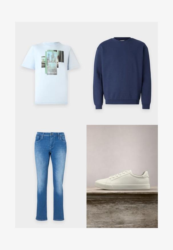 Marineblå sweatshirt lavet af blødt stof, med rund halsudskæring og ribbede manchetter. Indeholder et diskret logo på brystet.; TOM TAILOR T-shirts print - light metal blue; Blå denim jeans med lige ben, der har fem lommer, lynlås og kontrastsyninger. Stoffet har en medium vask med falmning.; Hvide snørresneakers svævende over en træbænk med grønne planter i baggrunden, der fremhæver skodesign og tekstur.