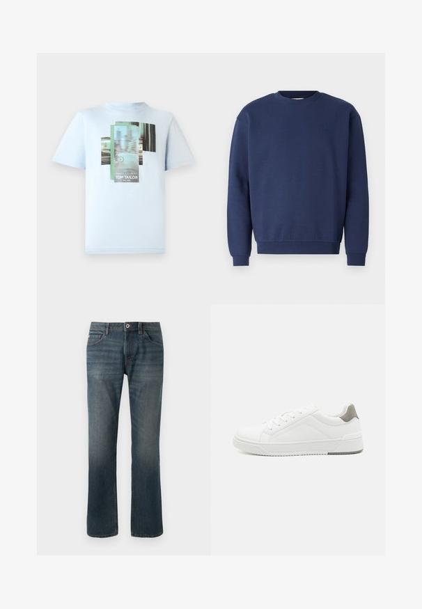 Tummansininen collegepaita, joka on valmistettu pehmeästä kankaasta. Paidan pyöreä kaula-aukko ja ribbauskudot. Rinnassa on hillitty logo.; TOM TAILOR Printtipaita - light metal blue; Tummansiniset farkut suoralla lahkeella. Ominaisuuksiin kuuluu viisi taskua, kontrastivärinen ompelu sekä edessä nappi- ja vetoketjukiinnitys.; Valkoinen lenkkari, jossa on sileä nahkamateriaali, pyöristetty kärki, minimalistinen muotoilu, harmaa kantapääkorostus ja teksturoitu kumipohja.