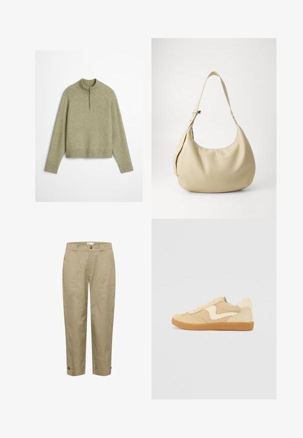 Lys grøn pullover sweater lavet af et blødt, tekstureret stof, med en halv lynlås ved kraven og ribbede manchetter og kant.; Beige, lette bukser med lige pasform, der har sidelommer og knapdetaljer i kanten for justerbar pasform og stil.; Beige sneakers med ruskind og mesh-materialer, rund form, fremtrædende polstret krave og en gummikondisko. Har et bølge-design som accent.; Beige læder skuldertaske med en buet form, justerbar rem og præget logo detalje, der har en glat tekstur og minimalistisk design.