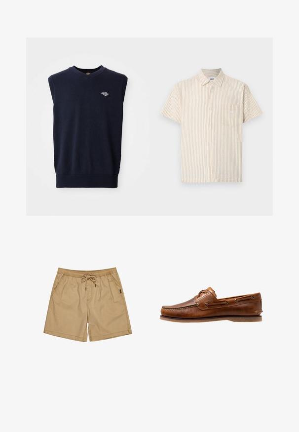 Marineblå ærmeløs sweater med V-hals, ribbet kant og et lille logo på venstre side. Fremstillet af et blødt, tekstureret stof.; Beige kortærmet skjorte med knapper, vertikale striber, krave, brystlomme og lille hvid "OBEY"-logo på lommen.; Beige bomuldsshorts med elastisk talje og snor, med sidelommer og en afslappet pasform. Enkel, glat tekstur uden mønstre.; Brune læder bådsko med syede detaljer, der har metaløjer, en forhøjet søm på tåen og en flad gummisål.