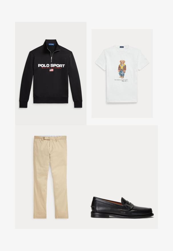 Sudadera negra con cremallera en el cuello, hecha de un tejido suave, que presenta un gran logo blanco de "POLO SPORT", detalles en rojo y un pequeño gráfico de la bandera americana.; Camiseta blanca de algodón con una imagen gráfica de un oso de dibujos animados vestido. Detalles destacables incluyen una chaqueta marrón, una sudadera con capucha amarilla y vaqueros azules.; Pantalones beige de corte recto con trabillas para cinturón y cremallera frontal, colocados planos sobre un fondo blanco.; Mocasín negro de cuero con tacón bajo y detalle de correa para moneda, mostrado de lado sobre un fondo gris claro.