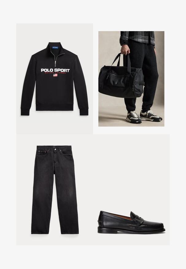 Sudadera negra con cremallera en el cuello, hecha de un tejido suave, que presenta un gran logo blanco de "POLO SPORT", detalles en rojo y un pequeño gráfico de la bandera americana.; Vaqueros negros de corte recto con cinco bolsillos, cierre de botón y remaches metálicos visibles en los bolsillos delanteros.; Mocasín negro de cuero con tacón bajo y detalle de correa para moneda, mostrado de lado sobre un fondo gris claro.; Persona sosteniendo una bolsa de lona negra, vistiendo pantalones negros, una chaqueta gris a cuadros y zapatillas negras y blancas.