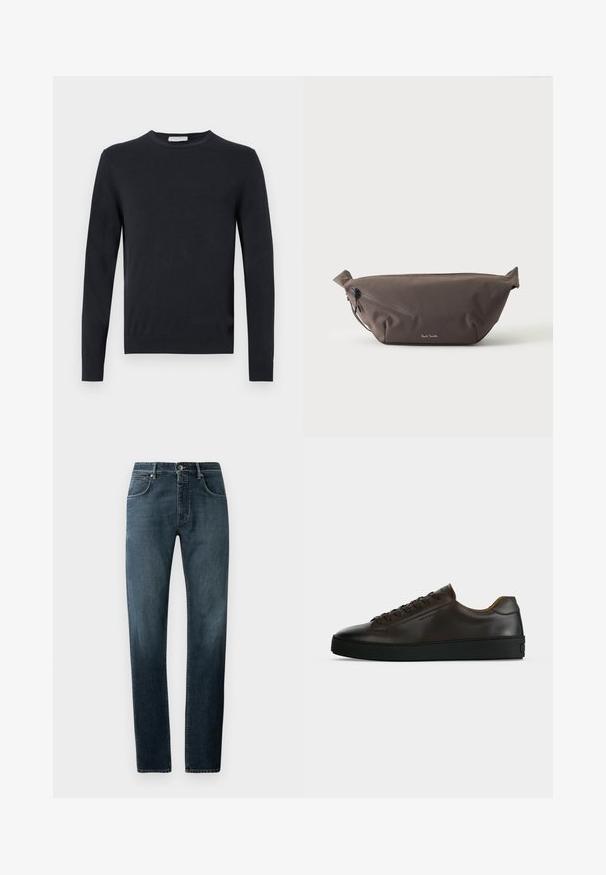 Zwarte trui met lange mouwen, ronde hals en geribbelde manchetten en zoom, afgebeeld tegen een witte achtergrond.; Donkerdenim jeans met een rechte pasvorm, klassiek vijf-pocket ontwerp, contrasterende stiksels en een subtiele vervagingseffect bij de dijen.; Low-profile donkerbruine leren sneaker met zwarte rubberen zool, veters aan de voorkant en een strak minimalistisch design op een lichte achtergrond.; Donkerbruine stoffen heuptas met diagonale ritssluiting en klein wit logo aan de voorkant, tegen een effen lichte achtergrond.