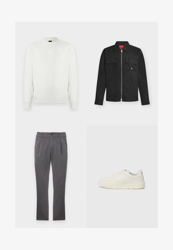 Sweat-shirt blanc à manches longues avec col rond, poignets et ourlet côtelés, arborant un petit logo "BOSS" centré sur la poitrine.; Veste noire zippée à manches longues avec col, deux poches avant à rabat et logo HUGO visible sur la poche droite.; Pantalon gris à coupe droite. Présente des plis à l'avant, une ceinture élastique et une fermeture à bouton unique. Texture de tissu lisse.; Baskets blanches avec un dessus en cuir lisse, bout rond, lacets plats et semelle en caoutchouc texturé. Un accent rouge se trouve au niveau du talon.