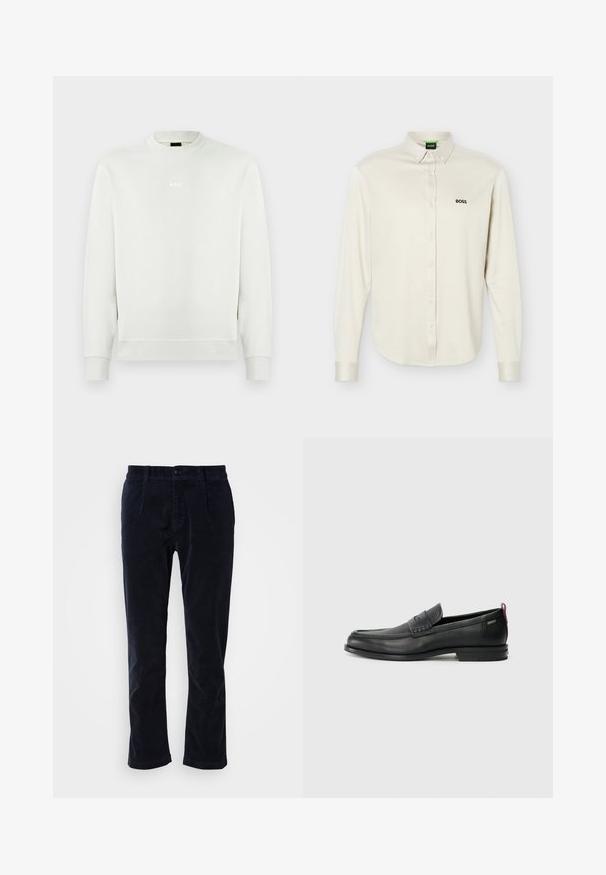 Hvid langærmet crewneck-sweatshirt med ribbede manchetter og kant, med lille centreret "BOSS"-logo på brystet.; Hvid, langærmet, knappet skjorte med krave, sort "BOSS" logo på venstre bryst og knapper ved manchetter, vist på en ensfarvet baggrund.; Mørkeblå kordfløjl bukser med glat front, to forlommer og en enkelt knaplukning. Blød tekstur, let taperede ben.; Sorte læder loafers med en tekstureret frontpanel og glatte sider. Har en slank hæl og en bageste løkke til nem påtagning. Klassisk design.