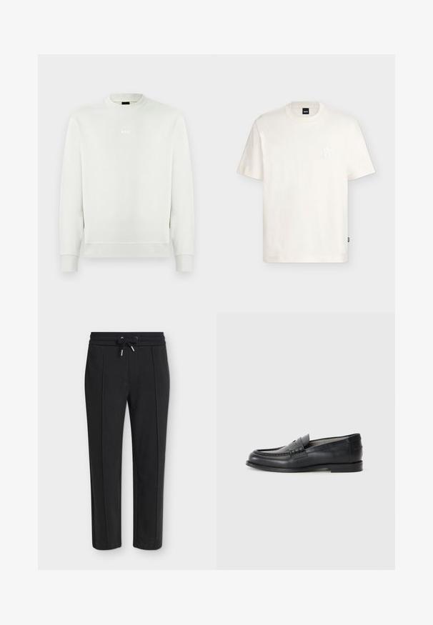 Sweat-shirt blanc à manches longues avec col rond, poignets et ourlet côtelés, arborant un petit logo "BOSS" centré sur la poitrine.; T-shirt blanc à manches courtes avec col rond, logo embossé discret sur la poitrine et petite étiquette noire sur la couture latérale.; Pantalon noir fuselé avec une taille élastique et un cordon, présentant une subtile texture côtelée verticale.; Mocassins en cuir noir avec une finition lisse, un bout rond, une sangle décorative et un design minimaliste. Présentent un petit talon carré.