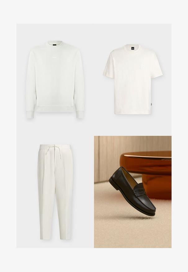 Sweat-shirt blanc à manches longues avec col rond, poignets et ourlet côtelés, arborant un petit logo "BOSS" centré sur la poitrine.; T-shirt blanc à manches courtes avec col rond, logo embossé discret sur la poitrine et petite étiquette noire sur la couture latérale.; Pantalon écru fuselé avec taille élastique, plis devant et cordon réglable à la taille.; Chaussure mocassin en cuir noir suspendue au-dessus d’un tapis beige avec du mobilier moderne couleur ambre en arrière-plan.
