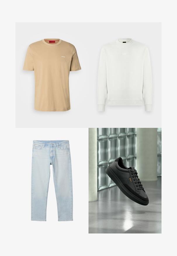 Witte sweater met lange mouwen en ronde hals, met geribbelde manchetten en zoom, voorzien van een klein, centraal geplaatst "BOSS"-logo op de borst.; Beige katoenen t-shirt met een ronde hals, korte mouwen en een klein wit "HUGO" logo op de borst. Een gladde textuur zonder patronen.; Lichtblauwe rechtvallende spijkerbroek met knoop en rits aan de voorkant, ontwerp met vijf zakken en Calvin Klein logo label op de rechter voorzak.; Zwarte leren lage sneaker met zwarte veters en gouden "BOSS"-logo, zwevend in de lucht tegen een glasblokmuur en grijze vloer.