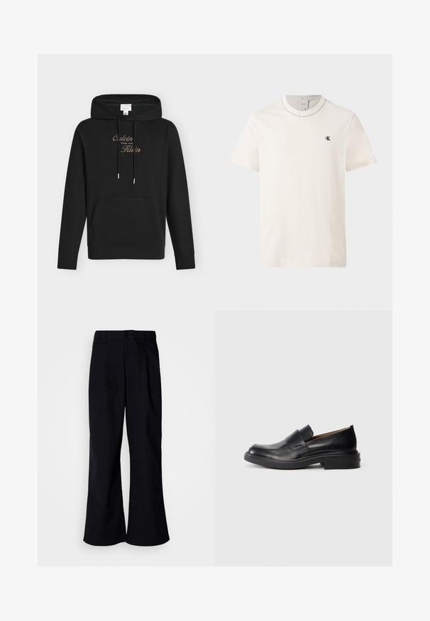 Sweat à capuche noir Calvin Klein avec poche avant, capuche réglable avec cordon et nom de marque brodé en or sur la poitrine.; T-shirt Calvin Klein à manches courtes couleur écru avec col rond et petit logo noir "cK" sur la poitrine gauche.; Pantalons larges noirs en coton avec un pli à l'avant, présentant une fermeture à bouton et des passants de ceinture, texture lisse et sans motifs visibles.; Chaussure habillée noire en cuir, à enfiler, avec un petit talon et un logo Calvin Klein discret sur le côté, présentée de profil sur un fond blanc.