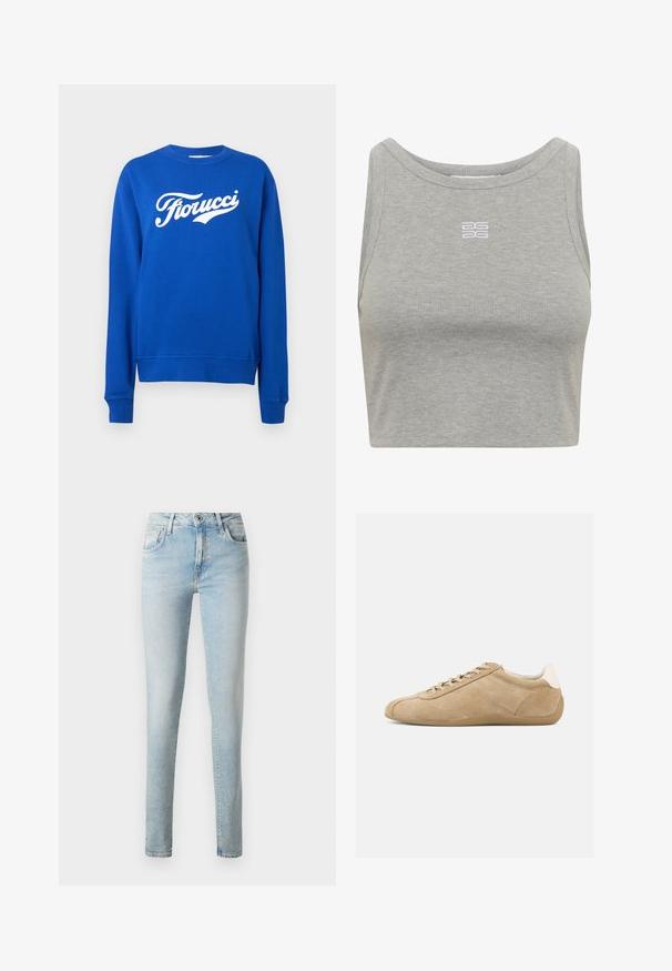 Sinine dressipluus pikade varrukatega ja valge "Fiorucci" logo tekstiga rinna peal, ühtlane taust.; Harmaa ribbikuvioinen lyhyt toppi, jossa on pyöreä kaula-aukko ja huomaamaton valkoinen logo edessä. Sujuva pinta, istuva muotoilu ja hihaton tyyli.; Vaaleansinisiä farkkuja, joissa on slim fit -malli, viisi taskua, klassiset vyölenkit ja vetoketjukiinnitys, jossa on yksi nappi.; Vaaleanruskea mokkanahkainen tennari, jossa sileä pinta, pyöreä kärki, kevyt nyöritys ja kontrastina valkoinen kantakappale. Joustava kumipohja.