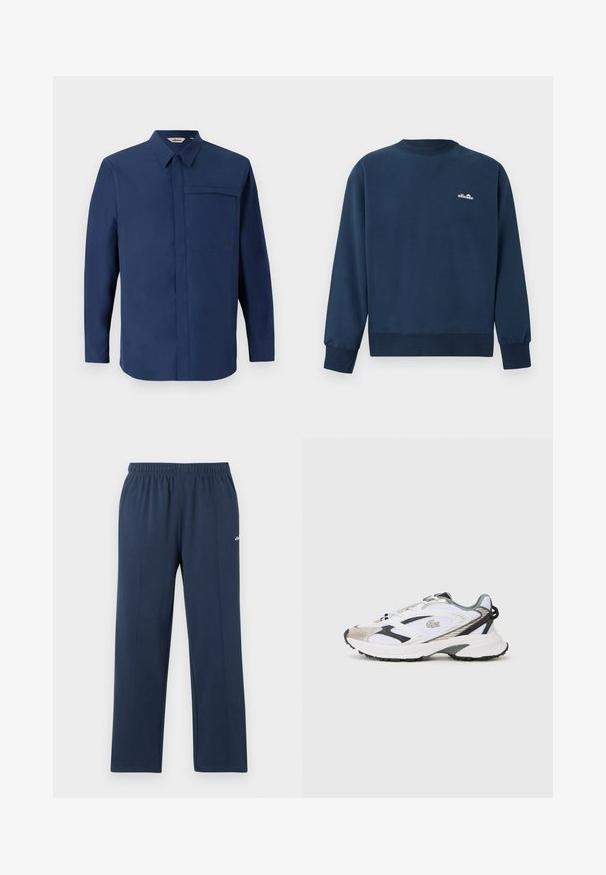 Tmavomodrá mikina s dlhými rukávmi a malým bielym logom "ellesse" na ľavej strane hrude.; Námornícka košeľa s dlhým rukávom a golierom s gombíkmi, jednou náprsní kapsou a čistou, hladkou textúrou. Na kapse je umiestnené malé logo.; Tmavomodré tepláky s rovnými nohavicami, elastickým pásom a jemnými vertikálnymi švami, malým bielym logom na hornej časti stehna.; Biele športové topánky so striebornými a čiernymi akcentmi, sieťovinový zvršok, textúrovaná podrážka a aerodynamický dizajn s logom na boku.