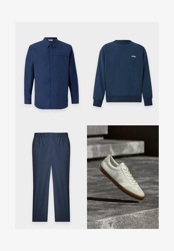 Tmavomodrá mikina s dlhými rukávmi a malým bielym logom "ellesse" na ľavej strane hrude.; Námornícka košeľa s dlhým rukávom a golierom s gombíkmi, jednou náprsní kapsou a čistou, hladkou textúrou. Na kapse je umiestnené malé logo.; Tmavomodré nohavice s elastickým pásom, rovnými nohavicami, jemnou textúrou látky a hladkým predným dizajnom.; Biele kožené tenisky s hnedou gumovou podrážkou, rovnými šnúrkami a V-tvarovaným prvkom na boku. Majú hladký povrch a minimalistické švíky.