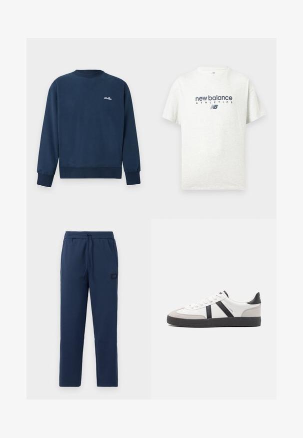 Marineblaues Sweatshirt mit Rundhalsausschnitt, langen Ärmeln und kleinem weißem "ellesse"-Logo auf der linken Brust.; Weißes T-Shirt mit kurzen Ärmeln und Rundhalsausschnitt, vorne in der Mitte mit "new balance ATHLETICS" und dem "NB"-Logo in Dunkelblau bedruckt.; Navyblaue Jogginghosen aus einem weichen Baumwollmix, mit einem elastischen Bund und Kordelzug sowie einem kleinen Markenpatch an der Hüfte.; Weiße Sneaker mit schwarz- und grau-aczenten, ausgestattet mit einer strukturierten grauen Zehenkappe, schwarzer Gummi-Sohle und flachen weißen Schnürsenkeln. Sauberes Design, minimalistische Stil.