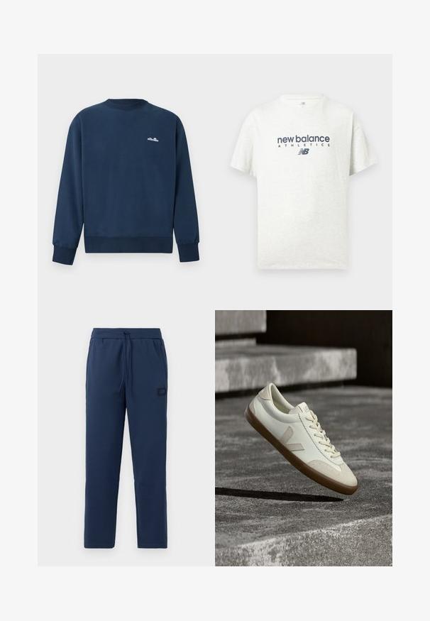 Marineblaues Sweatshirt mit Rundhalsausschnitt, langen Ärmeln und kleinem weißem "ellesse"-Logo auf der linken Brust.; Weißes T-Shirt mit kurzen Ärmeln und Rundhalsausschnitt, vorne in der Mitte mit "new balance ATHLETICS" und dem "NB"-Logo in Dunkelblau bedruckt.; Navyblaue Jogginghosen aus einem weichen Baumwollmix, mit einem elastischen Bund und Kordelzug sowie einem kleinen Markenpatch an der Hüfte.; Weiße Leder-Sneaker mit beige-gummiartiger Sohle, flachen Schnürsenkeln und V-förmigem Akzent an der Seite. Verfügt über eine glatte Oberfläche und minimale Nahtdetails.