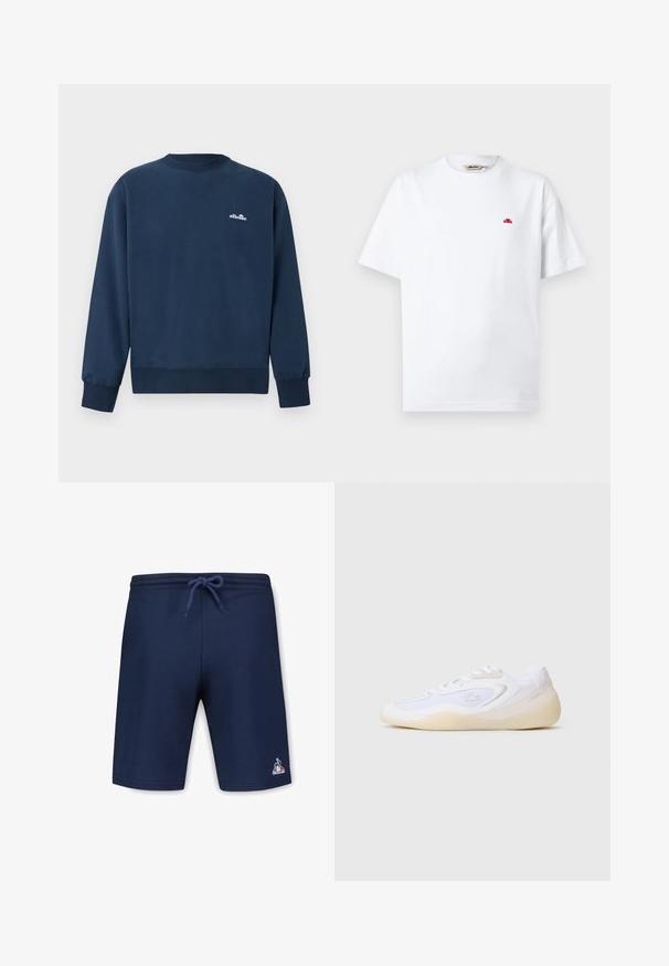 Sudadera azul marino con cuello redondo, mangas largas y pequeño logotipo blanco de "ellesse" en el pecho izquierdo.; Camiseta blanca de manga corta con cuello redondo, pequeño logo rojo en el pecho izquierdo y etiqueta de la marca dentro del cuello.; Bañador azul marino hecho de una tela suave, con una cintura elástica y cordón de ajuste, y un pequeño logo en la parte inferior izquierda.; Zapatillas deportivas blancas con un diseño elegante, materiales de malla y ante, forma curva y suela de goma con acentos mínimos.