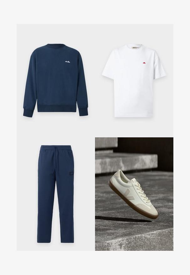 Tmavomodrá mikina s dlhými rukávmi a malým bielym logom "ellesse" na ľavej strane hrude.; Biele tričko s krátkym rukávom a okrúhlym výstrihom, s malým červeným logom na ľavej hrudi a štítkom značky vo vnútri goliera.; Námornícke modré teplákové nohavice vyrobené z mäkkej zmesi bavlny, s elastickým pásom na šnúrku a malou značkovou nášivkou na bedrách.; Biele kožené tenisky s hnedou gumovou podrážkou, rovnými šnúrkami a V-tvarovaným prvkom na boku. Majú hladký povrch a minimalistické švíky.