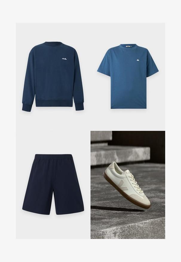 Sweat-shirt bleu marine à col rond avec manches longues et petit logo blanc "ellesse" sur la poitrine gauche.; T-shirt bleu à manches courtes et col rond avec un petit logo blanc en demi-cercle sur le côté gauche de la poitrine, présenté à plat sur un fond gris clair.; Shorts décontractés bleu marine avec une taille élastique et une coupe droite, présentés sur un fond blanc uni.; Baskets en cuir blanc avec semelle en caoutchouc beige, lacets plats et accent en forme de V sur le côté. Présentent une surface lisse et peu de détails de couture.