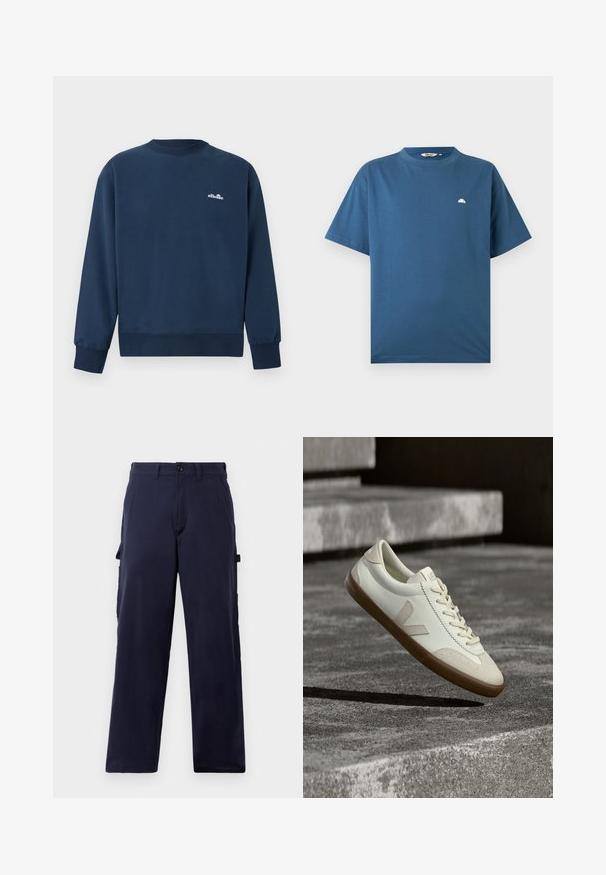 Mørkeblå crewneck-sweatshirt med lange ærmer og lille hvid "ellesse"-logo på venstre bryst.; Blå T-shirt med korte ærmer og rund halsudskæring med lille hvid halvcirkelformet logo på venstre bryst, lagt fladt på en lysegrå baggrund.; Mørkeblå straight-leg bukser med bæltestropper, front knappetryk og sidelommer til redskaber, præsenteret mod en hvid baggrund.; Hvide læder sneakers med tanfarvet gummisål, flade snørebånd og V-formet detalje på siden. Har en glat overflade og minimale syninger.