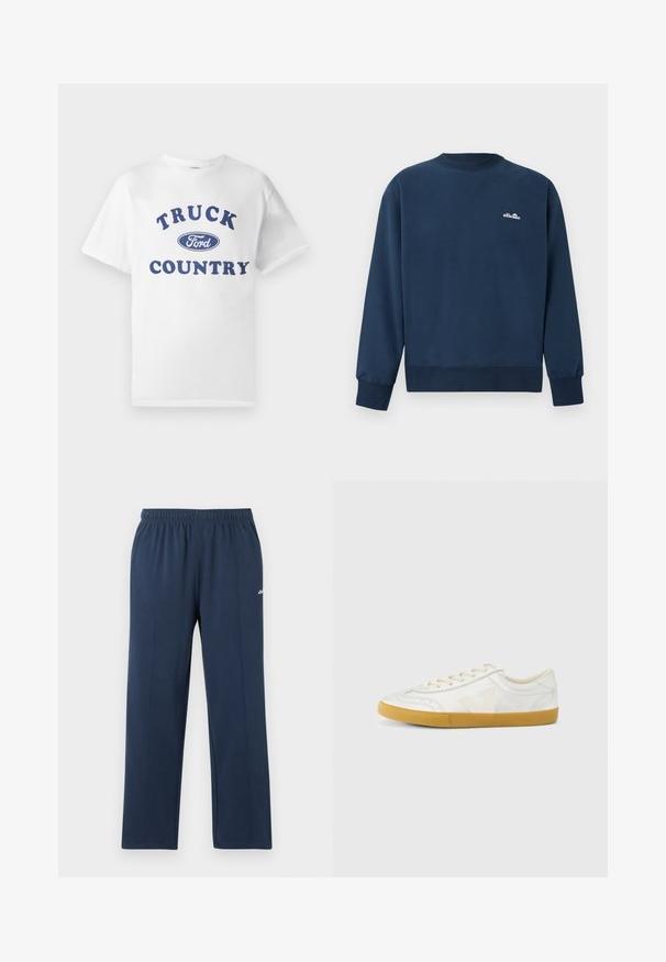 Marineblaues Sweatshirt mit Rundhalsausschnitt, langen Ärmeln und kleinem weißem "ellesse"-Logo auf der linken Brust.; Weißes Baumwoll-T-Shirt mit blau bedrucktem Text "TRUCK COUNTRY" und einem blauen ovalen "Ford"-Logo in der Mitte. Kurze Ärmel und Rundhalsausschnitt.; Marineblaue Sweatpants mit geradem Bein, elastischem Bund und dezenten vertikalen Nähten, kleines weißes Logo am oberen Oberschenkel.; Weißer Ledersneaker mit glatter Textur, beigefarbenem „V“-Logo, rundem Zehenbereich, Schnürdesign und einer Sohle aus Gummireifen.