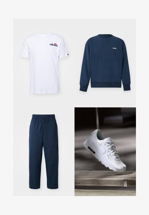 Tmavomodrá mikina s dlhými rukávmi a malým bielym logom "ellesse" na ľavej strane hrude.; Biela bavlnená tričko s krátkymi rukávmi, na ľavej hrudi s námornícko modrým vyšitým logom a živou farebnou akcentáciou nad logom.; Námornícke modré nohavice vyrobené z hladkej látky, s elastickým pásom a gombíkom, priame nohy a žiadne viditeľné vzory ani kovové prvky.; Biele tenisky Nike Air Max 90 s vrchnou časťou z kože a sieťoviny, perforovanou špičkou a viditeľnou vzduchovou jednotkou v päte.