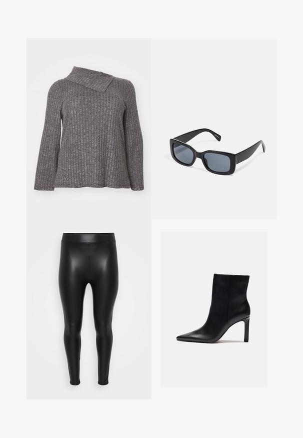 Grijze geribbelde longsleeve top met een asymmetrische kraag, gemaakt van een textuurstof en met een losse, ontspannen pasvorm.; Zwarte leggings van een glad, glanzend materiaal. Hoge tailleband, strakke pasvorm en geen zichtbare naden of patronen.; Zign Enkellaarsjes met hoge hak - black; Zwarte rechthoekige zonnebril met donkere getinte lenzen, een dik plastic montuur en brede scharnieren. Glad oppervlak en hoekig ontwerp.