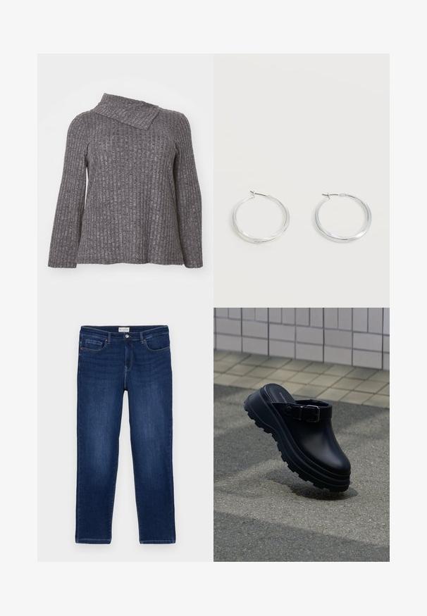 Graues, geripptes Langarmoberteil mit asymmetrischem Kragen, aus strukturiertem Stoff und mit lockerer, lässiger Passform.; Dunkelblaue Denim-Jeans im geraden Schnitt, mit Fünf-Taschen-Design, sichtbaren Nähten und einem Metallknopfverschluss am Bund.; Schwarzer Slip-on-Clog mit dicker profilierten Sohle und verstellbarem Riemen, über Asphalt positioniert, mit gefliester Wand im Hintergrund.; Silberne Metallcreolen mit glatter, leicht gebogener Oberfläche und Klappverschluss vor schlicht weißem Hintergrund.