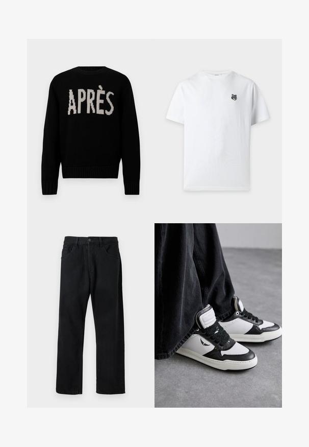 Zwarte gebreide trui met het woord "APRÈS" in contrasterend cream. Klassieke ronde hals met geribbelde manchetten en zoom. Zachte textuur.; Wit T-shirt met korte mouwen en een klein zwart-grijs logo van een wolvenkop op de linkerborst en een ronde hals.; Zwarte jeans van denim, met een klassieke vijf-pocketontwerp, rechte pijpen en een knoopsluiting. Gladde textuur, geen zichtbare patronen.; Zwart-witte hoge sneakers met een gestructureerde zwarte vetersluiting, gemaakt van leer en synthetisch materiaal, met een logo aan de zijkant.
