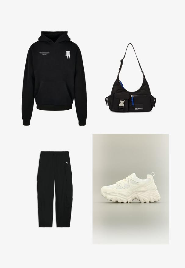 Sudadera negra con capucha con bolsillo delantero, texto pequeño en blanco en la parte superior izquierda del pecho y logotipo estilizado "MG" en la parte superior derecha del pecho.; Pantalones cargo negros con cinturilla elástica, cordón, bolsillos laterales con solapa y un pequeño logo blanco de Puma en el muslo derecho.; Zapatilla blanca gruesa con suela gruesa y texturizada, paneles de malla, cierre de cordones en la parte delantera y tira en el talón sobre un fondo neutro.; Bolso de hombro negro de nylon con forma curvada, correa ajustable, bolsillo frontal con cierre, acento azul y detalle de logo.