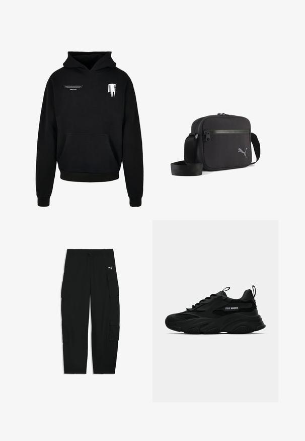 Sweat à capuche noir avec poche sur le devant, petit texte blanc sur la partie supérieure gauche de la poitrine, et logo stylisé "MG" sur la partie supérieure droite de la poitrine.; Pantalon cargo noir avec taille élastique, cordon de serrage, poches latérales à rabat et petit logo blanc Puma sur la cuisse droite.; Sneaker chunky noir Steve Madden avec des panneaux en mesh, semelle épaisse, languette et tirant au talon, lettrage du logo sur le côté, montré de profil.; Sac d'épaule en tissu noir de forme rectangulaire, doté d'une fermeture éclair, d'une surface texturée et d'un logo brodé gris sur un côté.