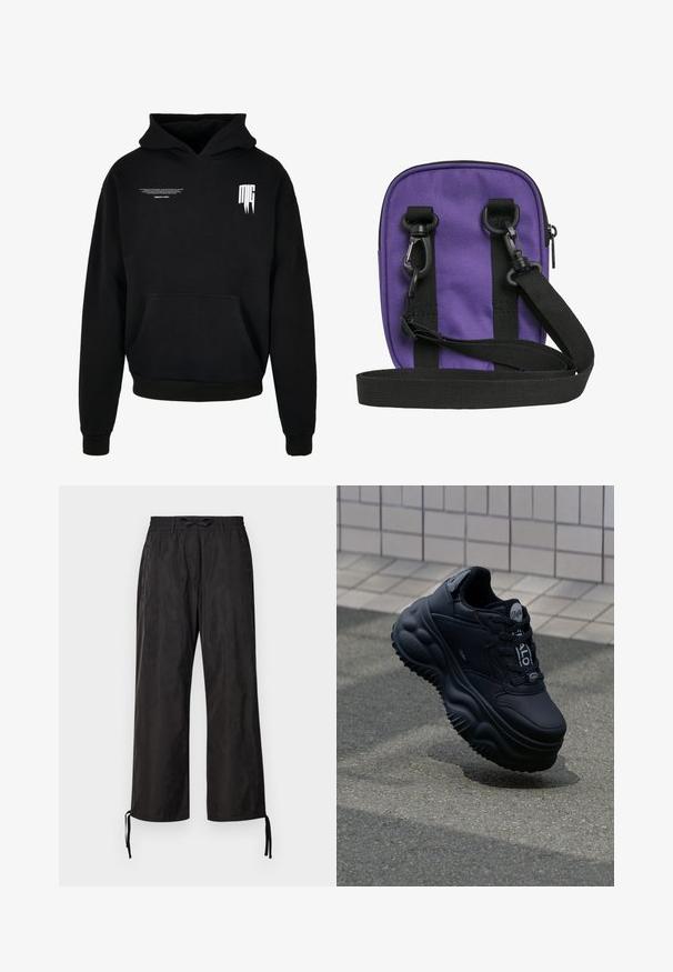 Schwarzer Kapuzenpullover mit Fronttasche, kleinem weißen Text auf der oberen linken Brust und stilisiertem "MG"-Logo auf der oberen rechten Brust.; Schwarze, locker sitzende Hosen mit einem elastischen Bund und verstellbaren Kordeln an den Knöcheln. Glattes Gewebe mit einem dezenten Glanz.; Schwarze klobige Sneakers mit einem Obermaterial aus glattem Leder, erhöhter Sohle mit wellenförmigen Mustern und Schnürsenkeln für einen sicheren Sitz. Branding auf der Zunge.; Kleine violette Umhängetasche mit schwarzem verstellbarem Riemen und zwei schwarzen Clip-Befestigungen vorne vor weißem Hintergrund.