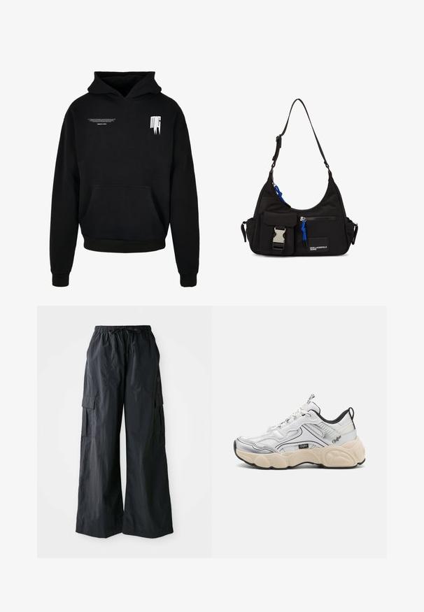 Sudadera negra con capucha con bolsillo delantero, texto pequeño en blanco en la parte superior izquierda del pecho y logotipo estilizado "MG" en la parte superior derecha del pecho.; Pantalones cargo negros hechos de una tela ligera, con un diseño de pierna ancha, cinturilla elástica y múltiples bolsillos laterales. Sencillos y funcionales.; Zapato deportivo blanco con paneles de malla y sintéticos, acentos plateados, suela gruesa en color crema y detalles en negro en contraste. Cuenta con un sistema de cordones.; Bolso de hombro negro de nylon con forma curvada, correa ajustable, bolsillo frontal con cierre, acento azul y detalle de logo.