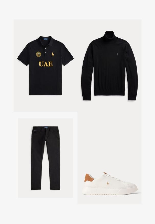 Pull noir à col roulé manches longues avec poignets et ourlet côtelés, comportant un petit logo brodé sur la poitrine gauche.; Polo noir avec texte jaune UAE, emblème UAE sur la poitrine gauche et logo joueur de polo Ralph Lauren jaune sur la poitrine droite.; Jean en denim noir à coupe slim, doté de cinq poches, passants de ceinture, et d'une étiquette de marque bleue sur la ceinture. Tissu lisse et durable.; Baskets basses blanches avec languette de talon beige, lacets blancs et petit logo brodé d'un joueur de polo sur le côté au-dessus d'une semelle épaisse.