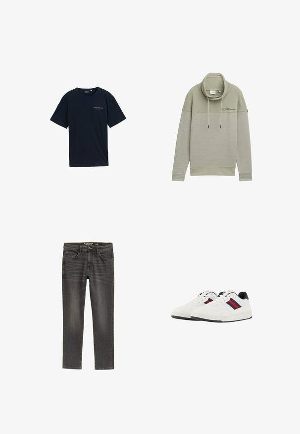 Lys grøn hættebluse med cowl-neck, stribet tekstur på den nederste del, justerbare snore og et logo trykt på brystet.; Marineblå bomulds T-shirt med rund halsudskæring og korte ærmer. Har et lille rødt tekstlogo ved brystet. Regular fit, glat tekstur.; Mørkegrå denimjeans med regulær pasform. Har fem lommer, en lynlås i gylpen og subtle fading på stoffet for tekstur.; TOM TAILOR Sneakers - white navy