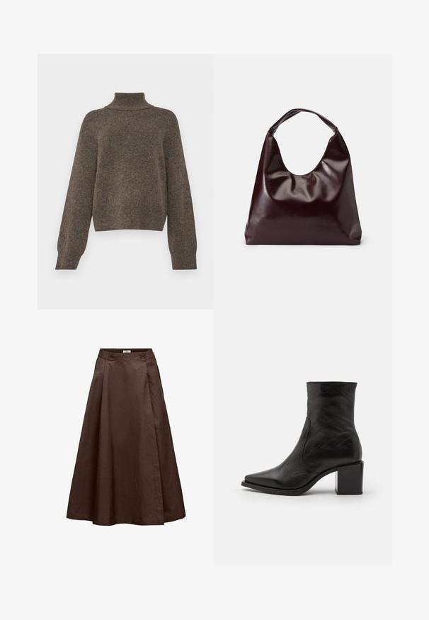 Brauner, gestrickter Pullover mit hohem Kragen und lockerer Passform. Hat lange Ärmel und einen weichen, strukturierten Stoff.; Brauner A-Linien-Midirock mit hoher Taille, elastischem Rückenteil, seitlicher Knopfleiste und Wickeldetail an der Vorderseite.; Schwarzer Lederknöchelstiefel mit quadrater Spitze und Blockabsatz. Das Design zeichnet sich durch eine glatte Textur und minimale Nähte aus.; Burgunderfarbene, glänzende tote Bag aus veganem Leder mit einer weichen, skulpturalen Form und einem breiten, geschwungenen Henkel für einfaches Tragen.