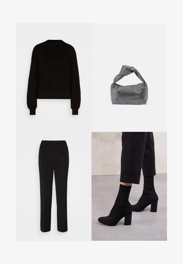 Vero Moda Tall VMNANCY - Svetrík - black; Vero Moda VMISABEL WIDE PANT - Nohavice - black; Čierne členkové topánky na podpätku s rebrovanou ponožkovou časťou, hladkým povrchom, zaoblenou špičkou a blokovým podpätkom pre stabilitu.; Čierna a strieborná kabelka s textúrovaným povrchom so vzorom diamantov, s uzlovou rukoväťou a štruktúrovaným tvarom.