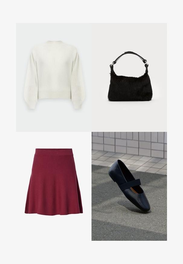 Kremfarvet strikket sweater med et struktureret mønster, rund halsudskæring og ballonærmer. Ribstrikkede manchetter og kant afslutter designet.; Bordeaux knælang nederdel lavet af blødt, strækbart stof; udvidet design med en glat talje og ingen synlige lukninger eller mønstre.; Sort læder flad sko med rund tå, der har en blød sort elastisk strop over vristen. Glat tekstur og minimalistisk design.; Sort faux fur håndtaske med en blød tekstur, rund form og en robust skulderrem i sort læder. Synlige sølvhardware-detaljer.