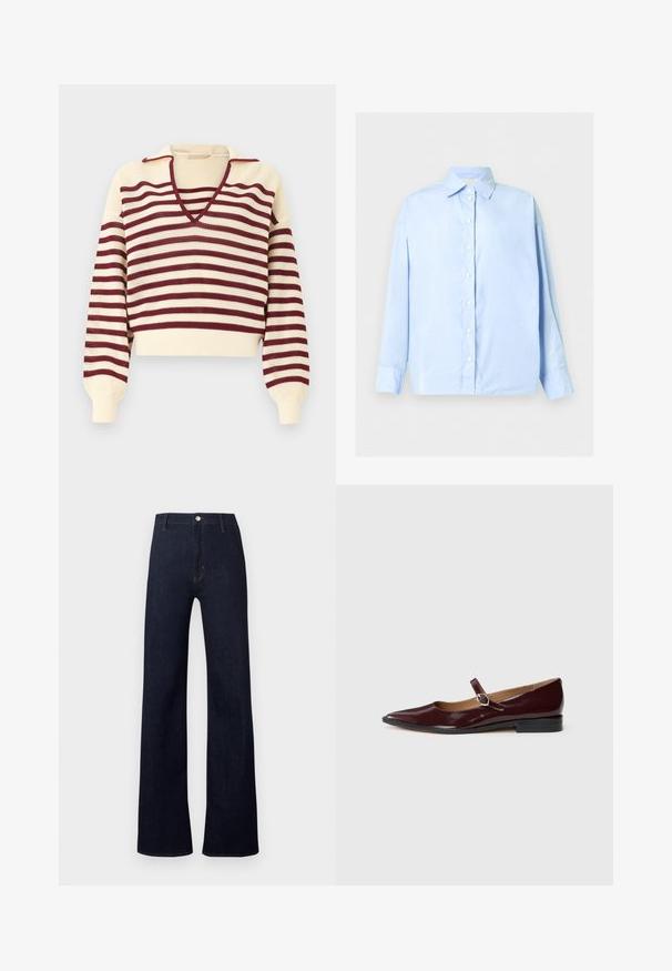Pull en maille crème avec rayures horizontales bordeaux, col en V profond, et manches longues bouffantes avec poignets ajustés.; Chemise bleu clair à manches longues avec col pointu et poignets à un bouton, présentée à plat sur un fond blanc.; Pantalon en jean bleu foncé avec une taille haute, une coupe ample à jambes larges, et un style classique à cinq poches. Il présente des détails en bronze et des coutures discrètes.; Ballerines en cuir verni bordeaux de type Mary Jane avec un bout pointu, un talon plat et une sangle décorative avec une boucle circulaire.