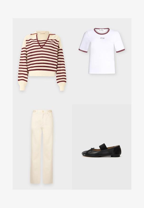 Jersey de punto color crema con rayas horizontales en burdeos, cuello en pico profundo y mangas largas abullonadas con puños ajustados.; Camiseta blanca de manga corta con ribete granate en el cuello y los bordes de las mangas, con un pequeño logo ovalado con texto en el pecho.; Rabanne Vaqueros rectos - off white denim; Bailarinas de cuero negro con punta redondeada, un pequeño detalle de nudo y una correa elástica en el empeine para un ajuste seguro. Suela plana.
