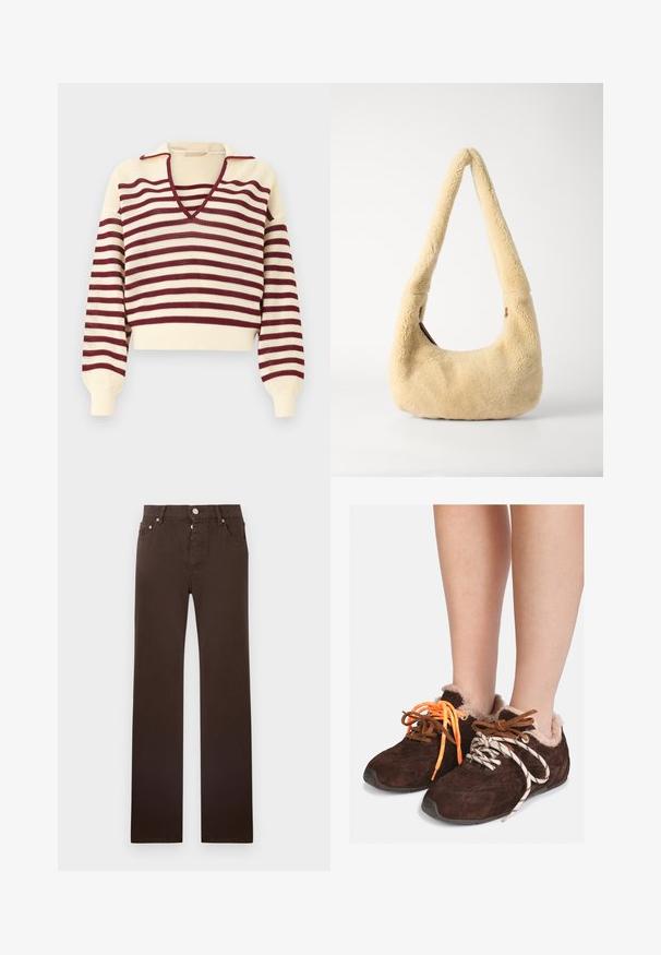 Kremfarvet strikket sweater med bordeaux vandrette striber, dyb V-udskæring og lange pufærmer med tætsiddende manchetter.; Brune jeans med lige ben lavet af bomuldsblanding, med knaplukning, fem lommer og rene linjer uden mønstre.; Brune ruskinds slipsko med pelsfoder, båret uden sokker, med forskelligfarvede snørebånd: et orange og et hvidt med sorte striber.; Beige shearling skuldertaske med et buet håndtag og en afrundet form. Teksturen er blød og fyldig, med minimale hardware-details.