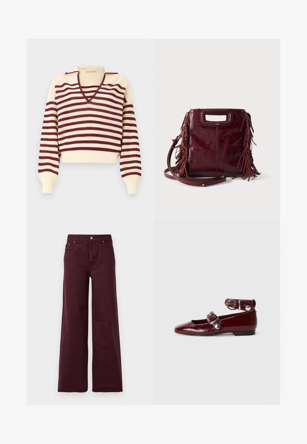 Kremfarvet strikket sweater med bordeaux vandrette striber, dyb V-udskæring og lange pufærmer med tætsiddende manchetter.; Bordeaux vide bukser med høj talje, metal knaplukning, forlommer og et glat, let tekstureret stof.; Bordeaux patentlæder flade sko med spids tå, en ankelrem med en sølvspænde og en lav hæl. Glat tekstur overalt.; Firkantet burgunderfarvet læderhåndtaske med udskåret håndtag, sideskvaster og justerbar skulderrem på ensfarvet baggrund.