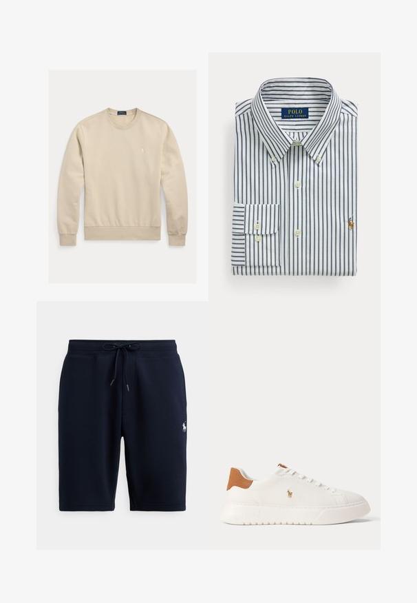 Sweat-shirt en coton beige avec encolure ronde, poignets et ourlet côtelés. Présente un petit logo brodé sur la poitrine. Texture lisse, design décontracté.; Chemise blanche pliée avec des rayures verticales bleu marine, col boutonné et logo Polo Ralph Lauren brodé sur la poitrine.; Shorts de sport en coton bleu marine avec taille élastique, cordon de serrage et logo sur le côté gauche. Texture lisse, longueur au genou.; Baskets basses blanches avec languette de talon beige, lacets blancs et petit logo brodé d'un joueur de polo sur le côté au-dessus d'une semelle épaisse.