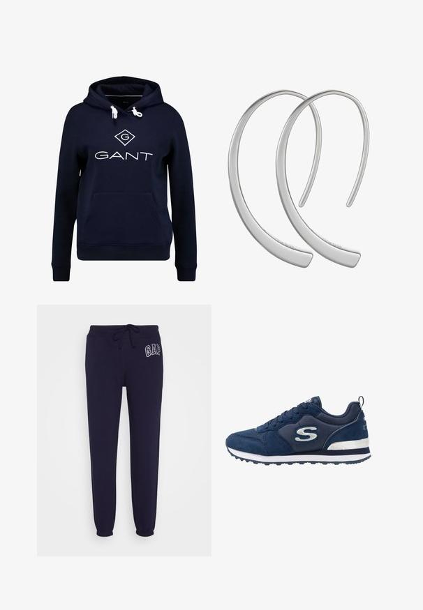 GANT LOCK UP HOODIE - Hættetrøje - evening blue; GAP HERITAGE JOGGER - Træningsbukser - navy uniform; Mørkeblå sportssko lavet af ruskind og mesh-materialer, med et fremtrædende sølvlogo, struktureret overdel og en hvid mellemsål.; Sølvfarvede metal hoops øreringe med en glat, blank overflade og buet halvmåneform, der har et minimalistisk design uden synlige mønstre.