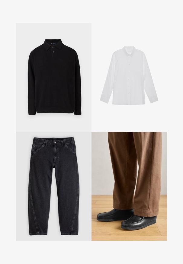 Sort pullover sweater med kravehals, tre knapper foran, ribbede manchetter og afslutning, lavet af et blødt strikket materiale.; Hvid langærmet skjorte lavet af glat stof, med spidse krave, frontknaplukning og enknapsmanchetter.; Sorte denimjeans med løs pasform, der har en standard-taljebånd, femlomme-design og kontrastsyning langs sømmene.; Sorte lædersko med mokkasin-design og syningdetaljer, parret med brune bukser, på et trægulv.