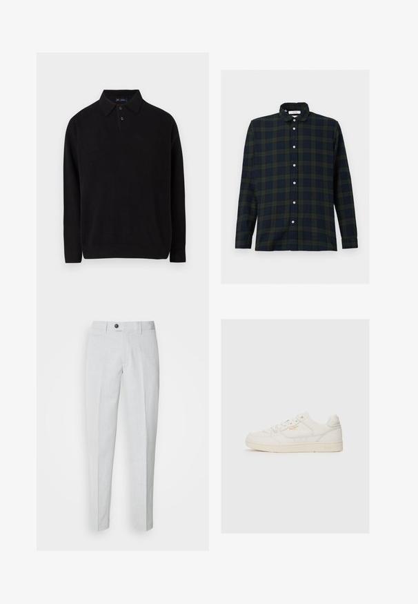 Sort pullover sweater med kravehals, tre knapper foran, ribbede manchetter og afslutning, lavet af et blødt strikket materiale.; Langærmet rutet skjorte i mørkegrøn og marineblå, lavet af bomuld, med en button-down krave og front knaplukning.; Lys grå bukser lavet af tekstureret stof, med knaplukning, flad front og smalle ben for en strømlinet pasform.; Hvide lædersneakers med en glat overflade, der har perforerede detaljer, snørebånd fortil og et diskret logo i guld nær siden.
