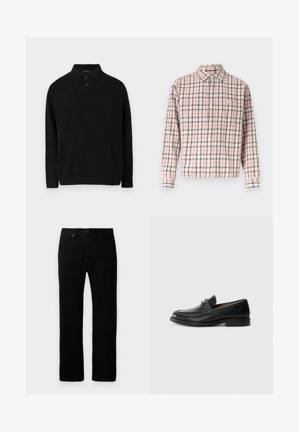 Sort pullover sweater med kravehals, tre knapper foran, ribbede manchetter og afslutning, lavet af et blødt strikket materiale.; Langærmet skjorte med knapper og tern i lyserød, hvid og grå, med en enkelt brystlomme med knap.; Sorte denimjeans med lige ben-design, fem-lomme stil, frontknaplukning og diskrete syninger.; Sorte læder loafers med en glat finish, der har et tekstureret øverste bånd, lav hæl og minimale syninger.
