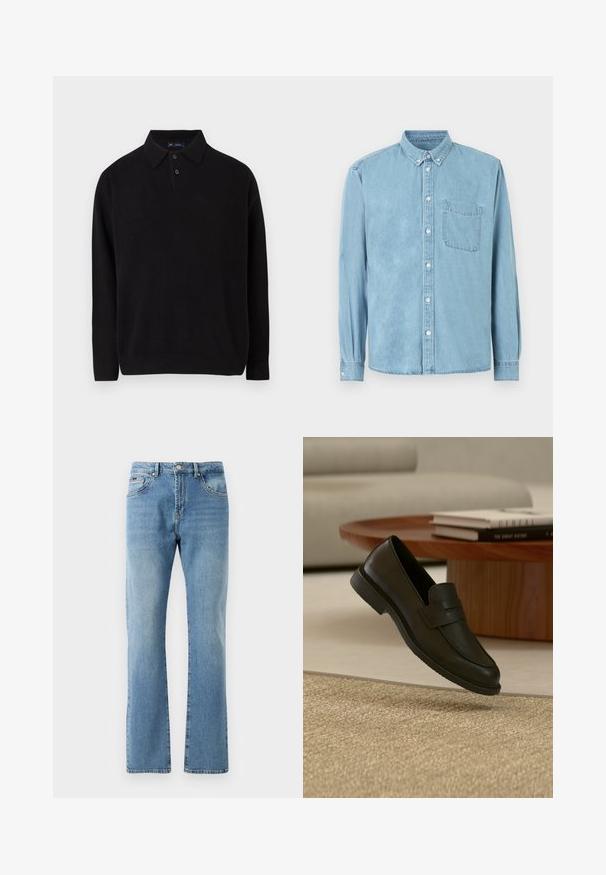 Schwarzer Pullover mit Kragen, dreiknöpfiger Knopfleiste, gerippten Bündchen und Saum, aus einem weichen Strickmaterial.; Hellblaues Denim-Langarmhemd mit Knopfkragen, Brusttasche vorne und weißen Knöpfen in der Mitte und an den Manschetten.; Hellblaue Jeans aus Denim mit geradem Schnitt, fünf Taschen und subtiler Abnutzung. Mit einem klassischen Taillenbund und geradem Saum an den Knöcheln.; Schwarzer Lederloafer-Schuh schwebt über einem beige gewebten Teppich, mit einem Holztisch und gestapelten Büchern in einem sanft beleuchteten Wohnzimmer.