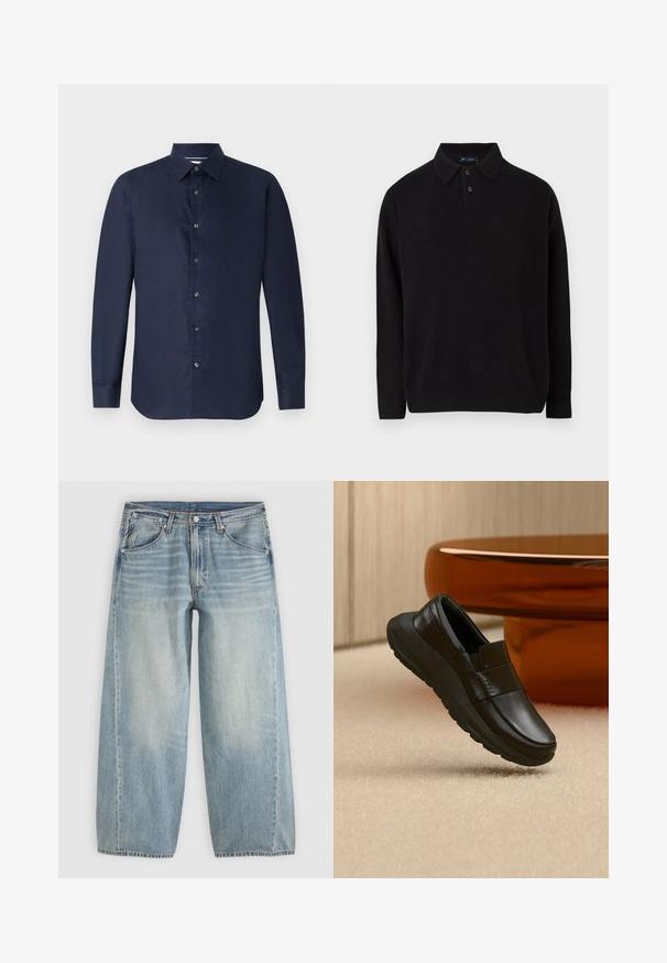 Suéter negro de manga larga con cuello tipo polo, tapeta de tres botones, puños y dobladillo acanalados, hecho de un material de punto suave.; Camisa de manga larga azul marino con cuello abotonado, textura suave y tapeta delantera con botones; presenta un ajuste entallado y dobladillo redondeado.; Vaqueros de mezclilla azul claro de pierna ancha con bolsillos delanteros, presillas para cinturón, cierre con botones y sutil desgaste en los muslos sobre un fondo liso.; Mocasín de cuero negro con suela gruesa, mostrado sobre una alfombra beige y cerca de una base de mesa redonda de color ámbar.